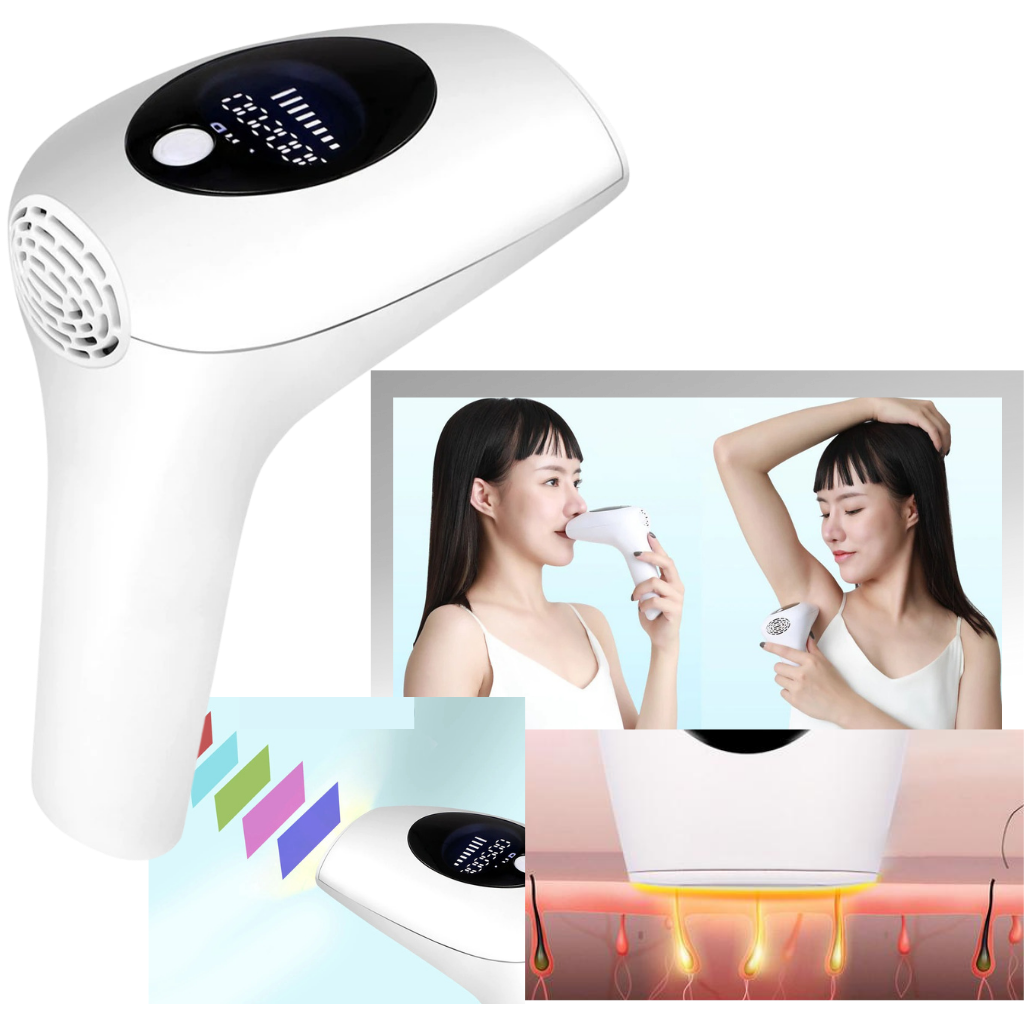 Aparelho de depilação laser IPL da marca Genérica para rasagem e cuidados com a pele, exibido em fundo neutro.