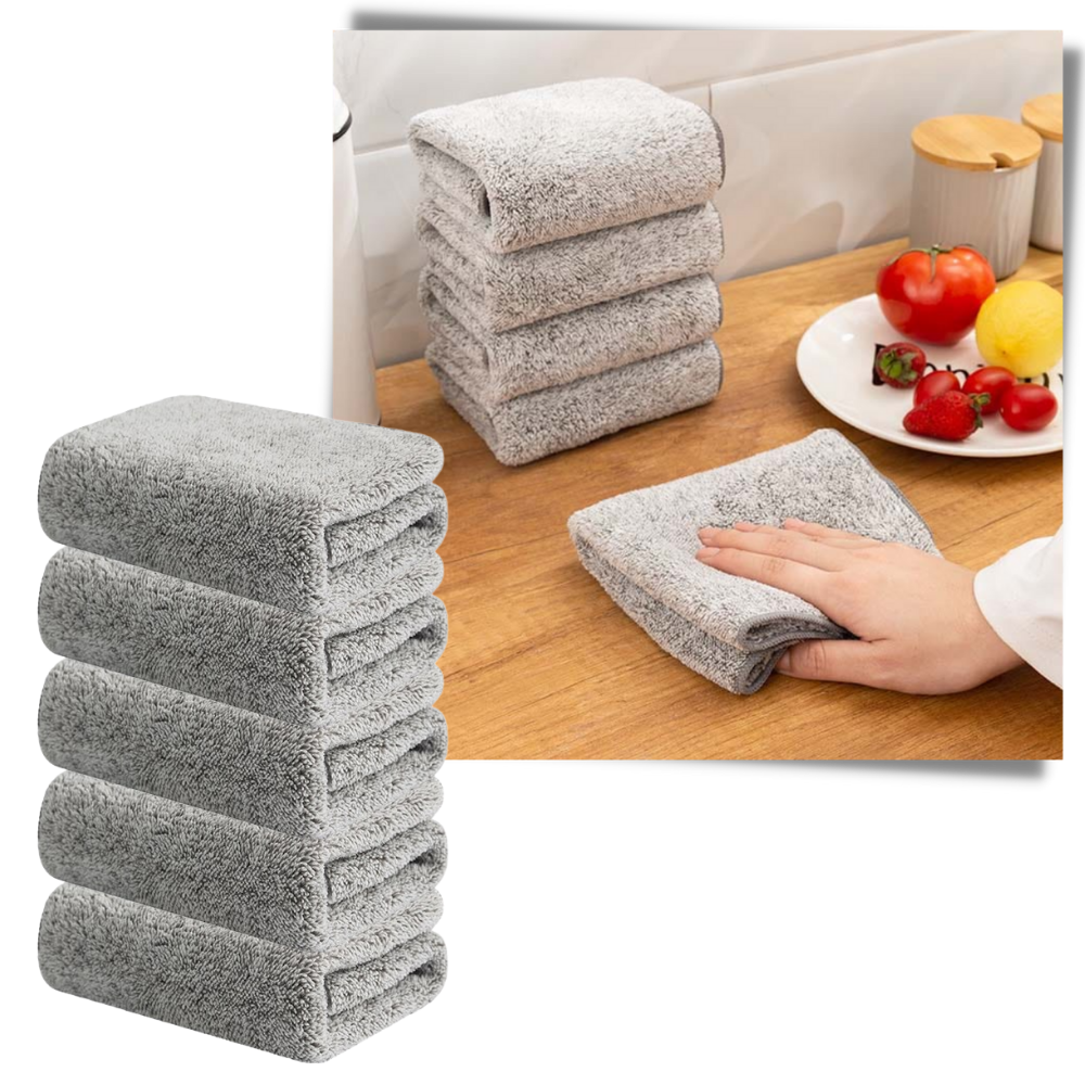Pack de 5 serviettes de chiffon en microfibra de bambu, toalhas macias e absorventes para limpeza doméstica.