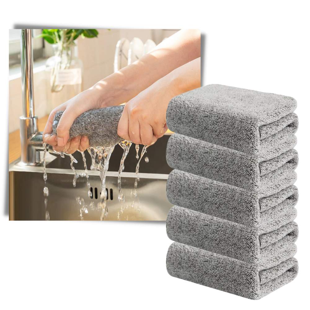 Conjunto de 5 toalhas de microfibra de bambu da marca genérica, tecido macio e absorvente para limpeza e cuidados domésticos.