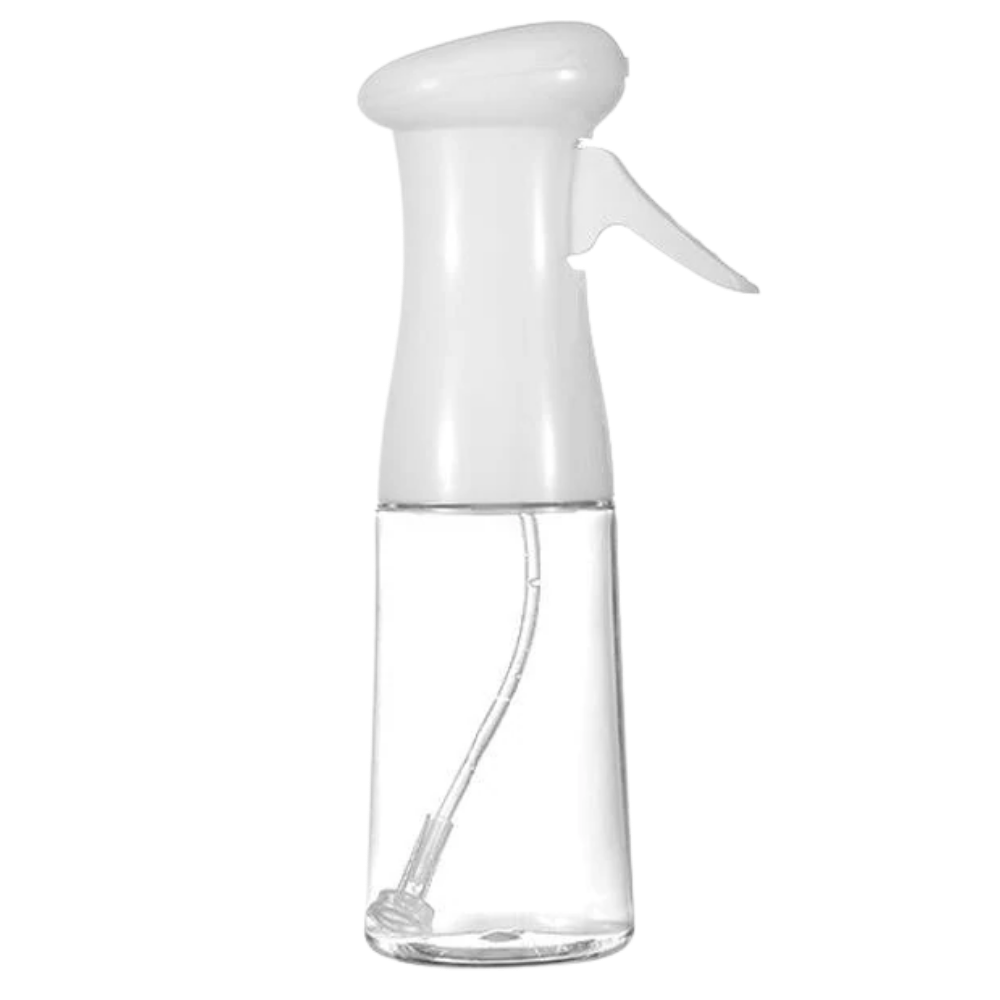 Borrifador de óleo a pressão branco, utensílio de cozinha para aplicação controlada de óleo em alimentos.