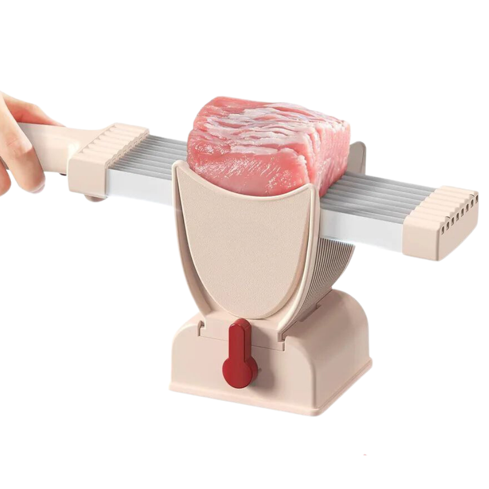 Faca de carne manual ajustável de utensílios de cozinha na cor cinza, com lâmina para fatiar carne com espessura controlável.