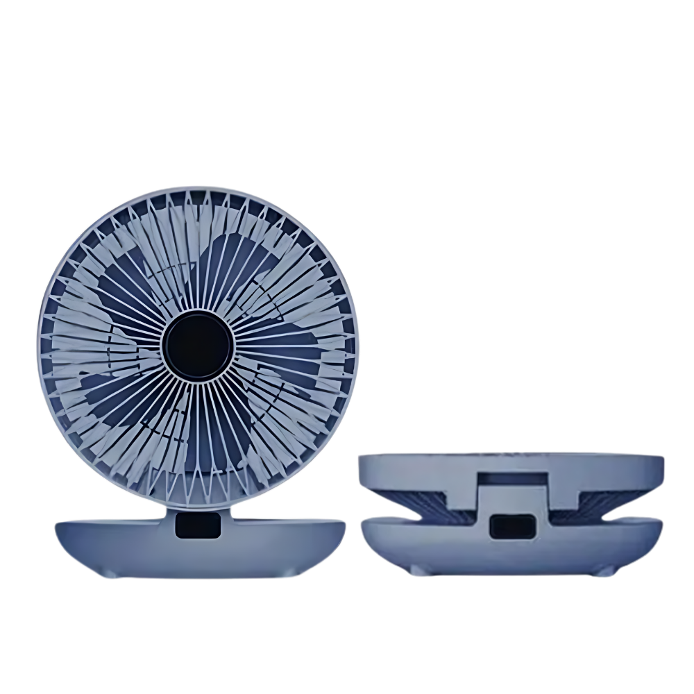 Ventilador portátil Kkmol de cor azul, com difusão suave de ar, ideal para resfriar e ventilar ambientes de forma prática.