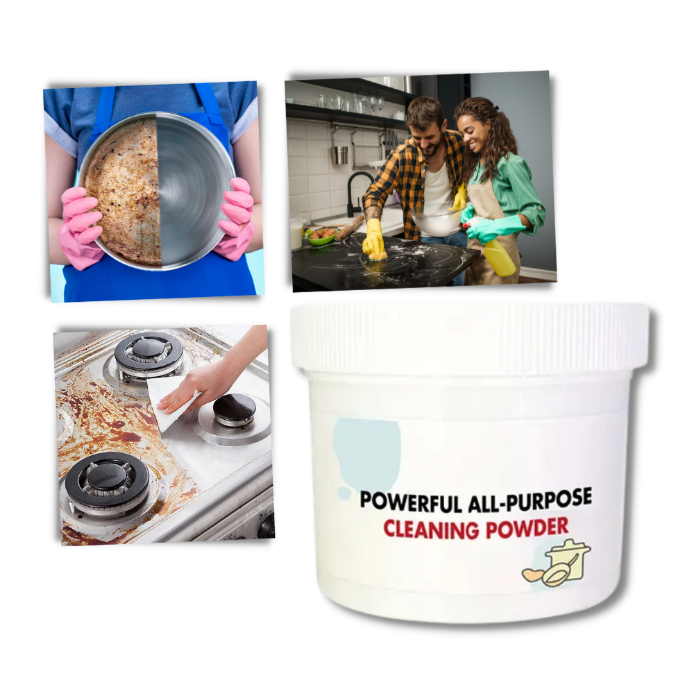 Pó de limpeza suave para uso geral da Jsgek Cleaning, mostrando embalagem e pó branco em superfície limpa.