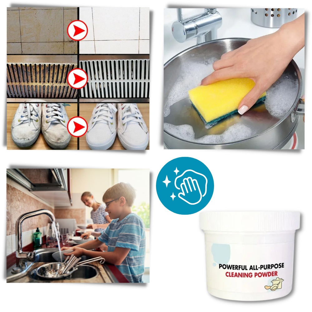 Pó de limpeza suave para uso geral da Jsgek Cleaning, solução de pó de limpeza para casa, indicado para diferentes superfícies.