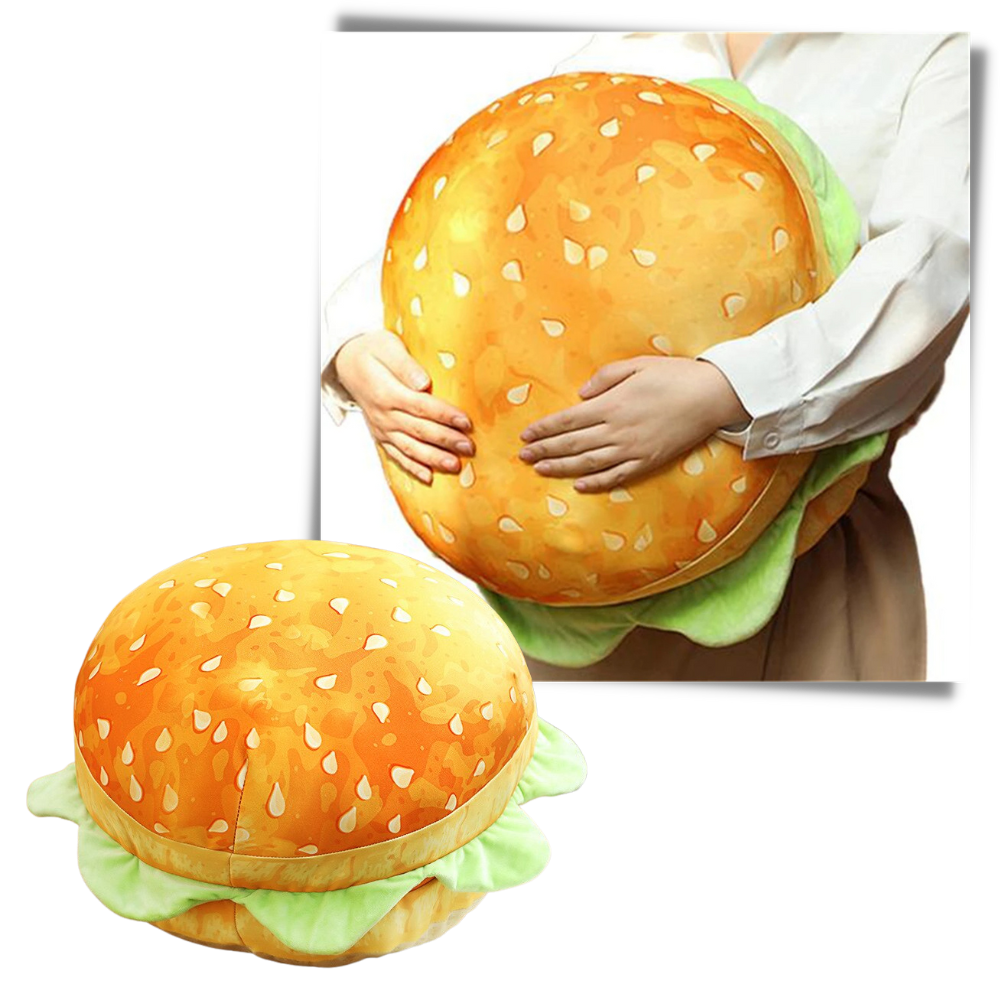 Almofada em forma de hambúrguer da Genuiskids, assento decorativo para cadeiras e sofás, com detalhes coloridos de comida.