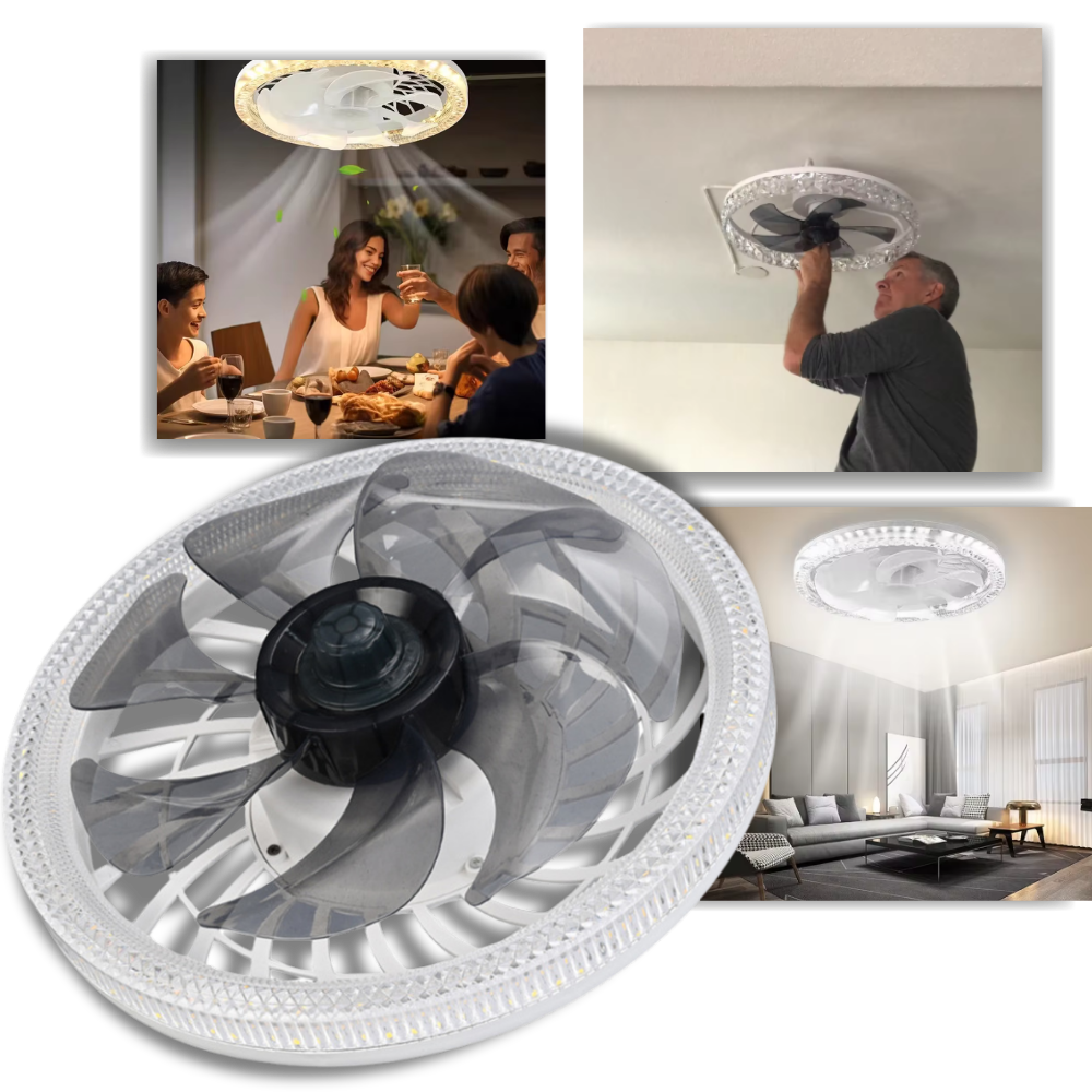 Ventilador de teto preto com lâmpada integrada e controle remoto, ideal para conforto em ambientes de climatização.