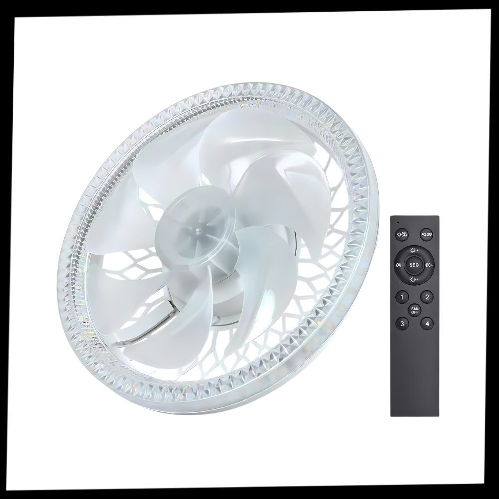 Ventilador de teto preto com lâmpada integrada e controle remoto, para climatização eficiente e elegante.