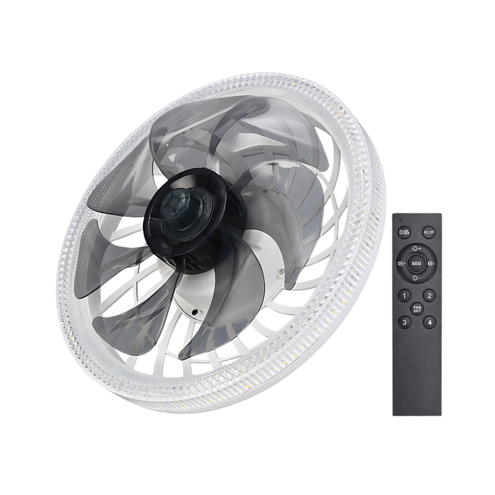 Ventilador de teto preto com lâmpada integrada e controle remoto, ideal para aquecimento e refrigeração.