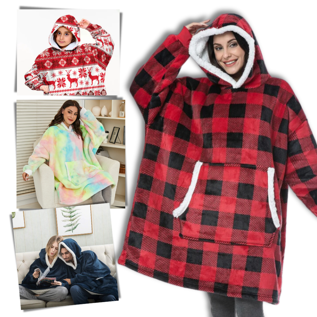 Blusa de cobertor gigante com capuz da marca Jiamy, roupa de dormir confortável e aconchegante para relaxar em casa.