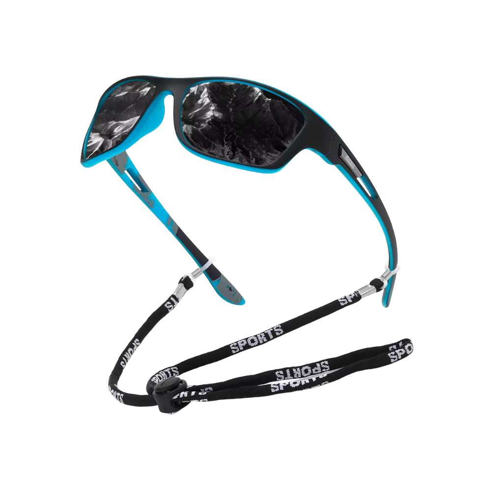 Óculos de sol polarizados Carevas, com armação preta e azul, estilo flutuante e proteção contra reflexos.