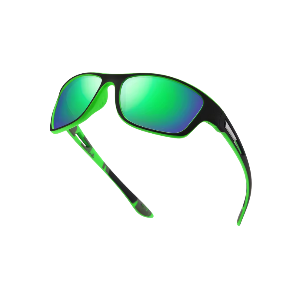 Óculos de sol Carevas polarizados flutuantes com armação preta e verde, proteção contra reflexos e design esportivo.