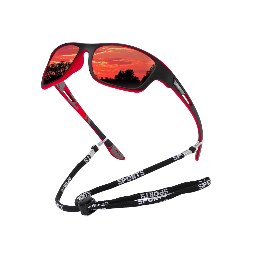 Óculos de sol polarizados Carevas com armação preta e vermelha, lentes flutuantes e proteção contra reflexos solares.