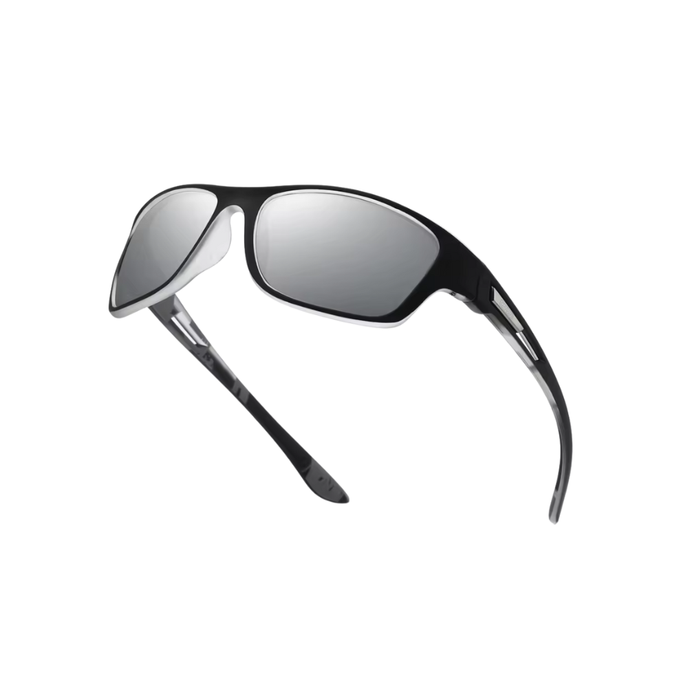 Óculos de sol polarizados Carevas com armação preta e detalhes prateados, design flutuante para proteção contra o sol.