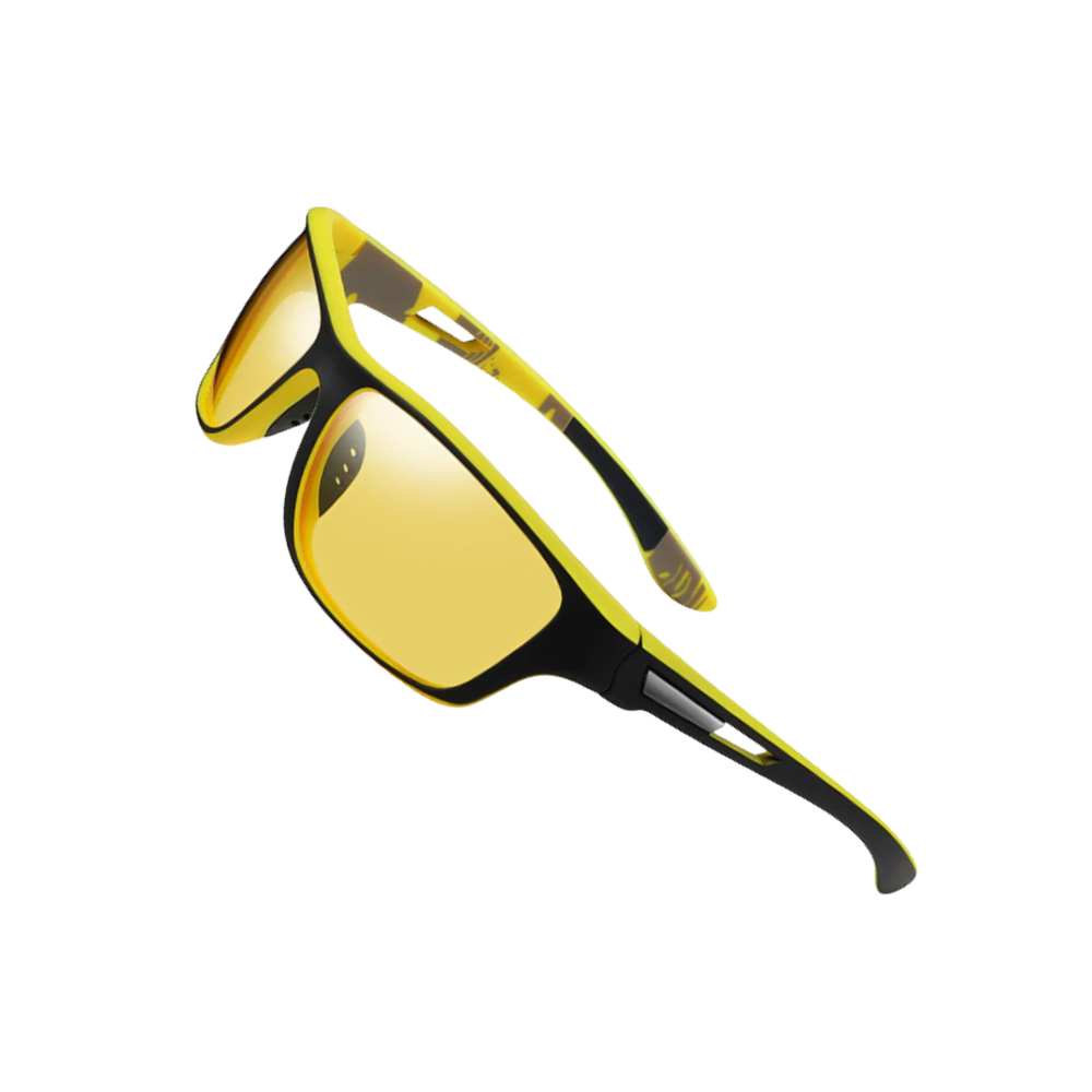Óculos de sol polarizados Carevas, lentes pretas e amarelas, com armação flutuante, proteção contra reflexos e brilho intenso.