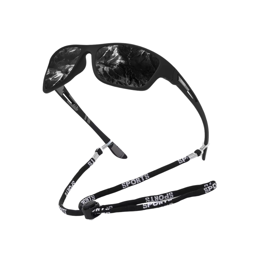 Óculos de sol Carevas polarizados com armação preta, design flutuante e proteção contra reflexos, ideal para atividades ao ar livre.