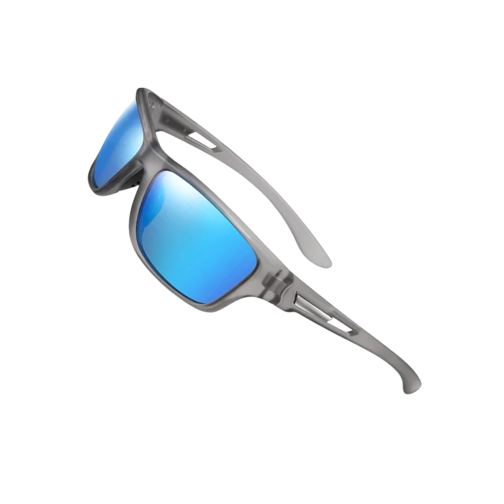 Óculos de sol polarizados Carevas, com armação cinza e azul, lentes flutuantes e proteção contra reflexos.