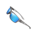 Óculos de sol polarizados Carevas, com armação cinza e azul, lentes flutuantes e proteção contra reflexos.