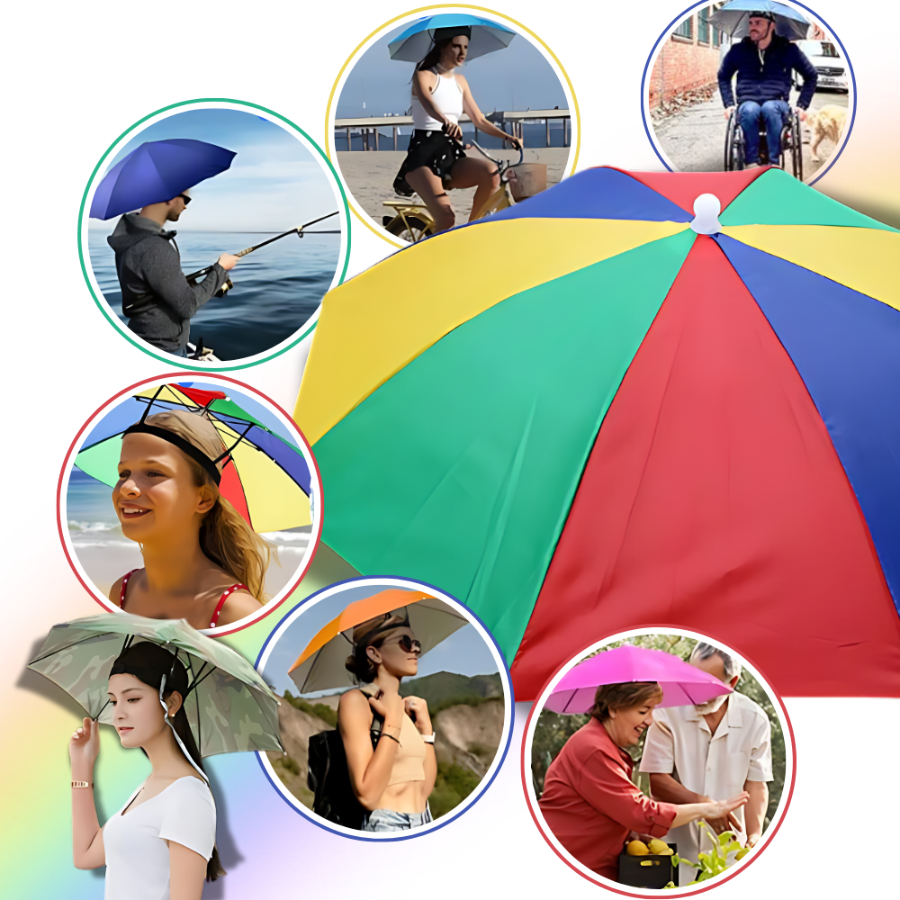Chapéu-para-sol ajustável e mãos livres da Global Bargains para atividades ao ar livre, cor verde militar, proteção contra sol e chuva.