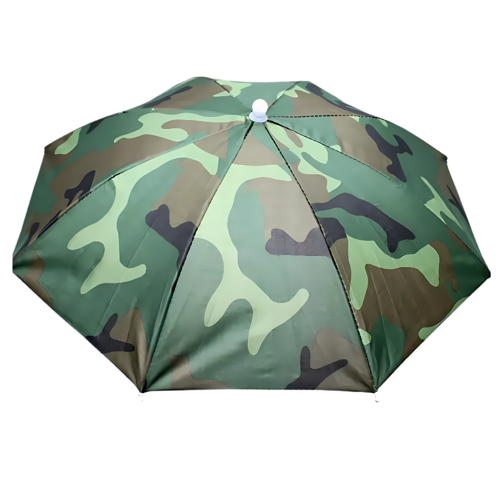 Chapéu parapluie ajustável para atividades ao ar livre, modelo verde militar, com proteção contra chuva e sol, mãos livres.