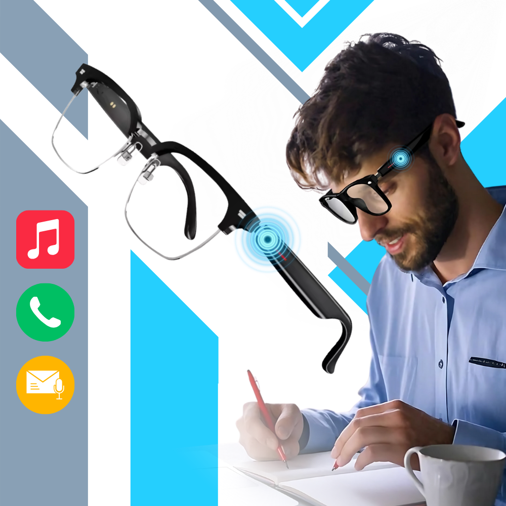 Óculos inteligentes Aspire de tradução global, com design moderno, mostrados em uso para facilitar comunicação internacional.