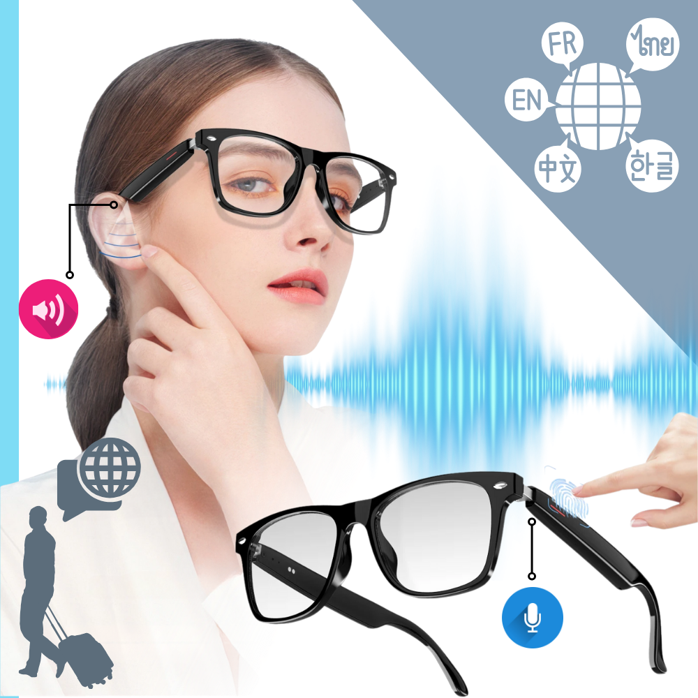 Óculos inteligentes Aspire de tradução global, com visor transparente mostrando texto traduzido e tecnologia de fala integrada.