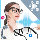Óculos inteligentes Aspire de tradução global, com visor transparente mostrando texto traduzido e tecnologia de fala integrada.