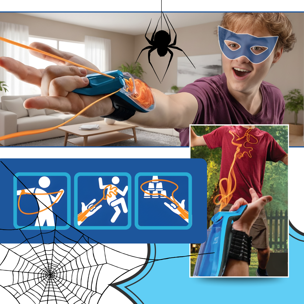 Brinquedo lança-teia de aranha luminosa da Maxpower, com efeito de teia instantânea e luzes brilhantes.