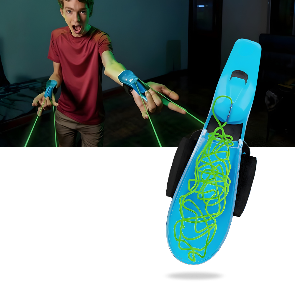 Brinquedo de arma lance-toile de aranha luminosa da Maxpower, com teia brilhante e iluminação que destaca detalhes do brinquedo.