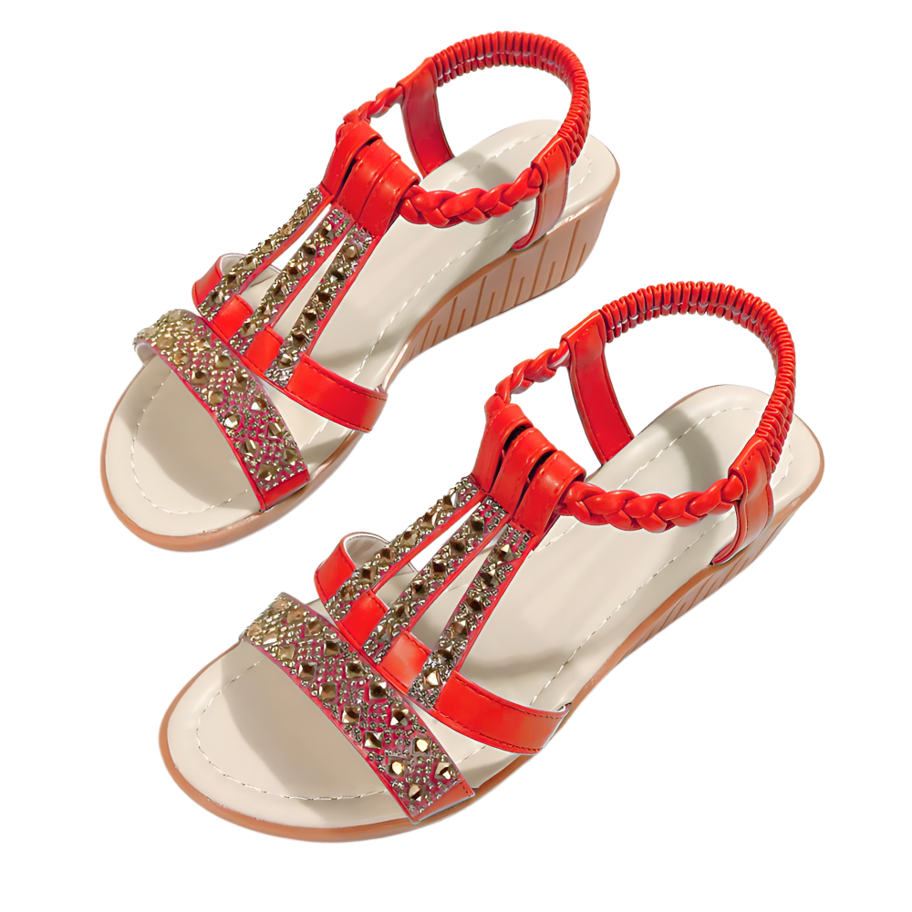 Sandálias ortopédicas elegantes com estilo boho da marca Gnobogi, em tom vermelho, tamanho 35 EU.