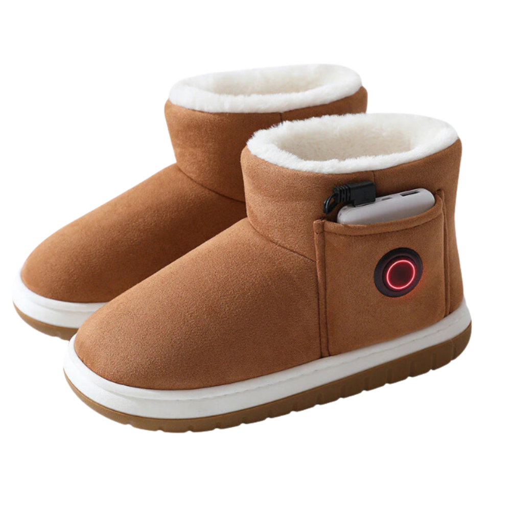 Sapatos Taluosi de algodão aquecido com grafeno na cor marrom, com detalhes visíveis de aquecimento e design confortável.
