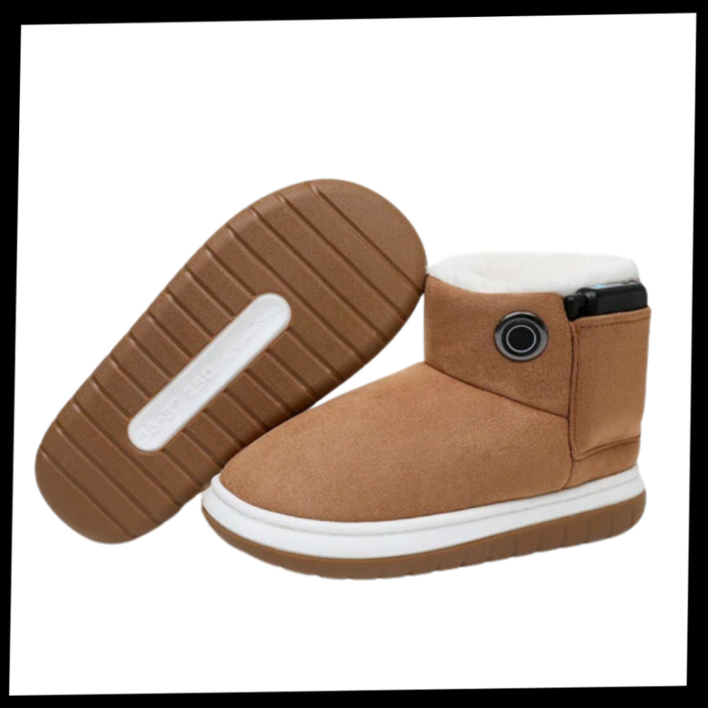 Sapatos de algodão aquecidos com grafeno da Taluosi, visíveis em embalagem com detalhes do produto.