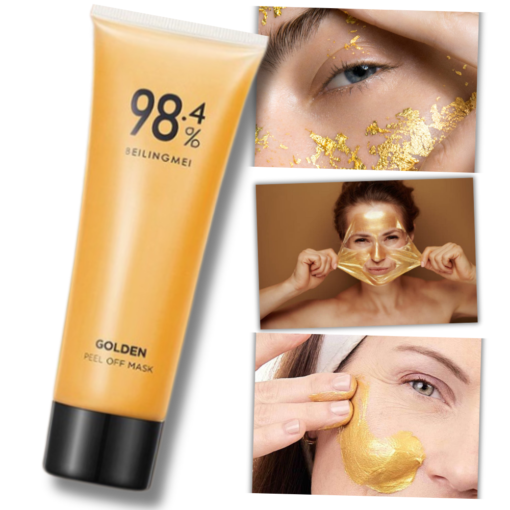 Máscara dourada peel-off para limpeza de poros, produto de cosméticos da marca Groupon, com textura dourada e efeito de peeling.