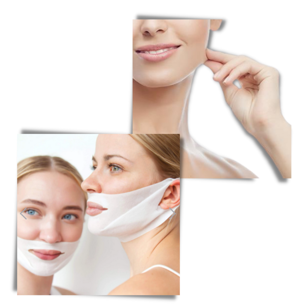 Máscara facial liftante e aminciante da Gukom, cosméticos para revitalizar e modelar o rosto, imagem do produto em embalagem.