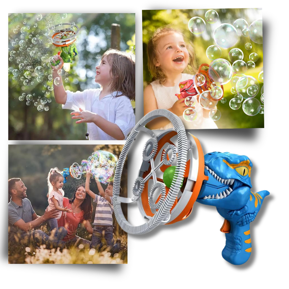 Machine à bulles colorées en forme de dinosaure, jouet d'activité de la marque Hachum, idéale pour enfants.