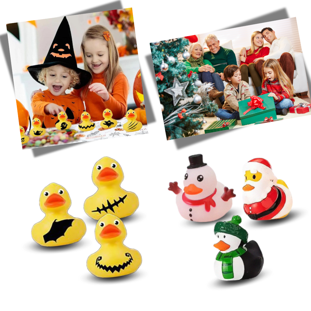 Calendário de Advento de Patinhos com tema de Halloween e Natal, decoração sazonal da Tagold com patinhos festivos.