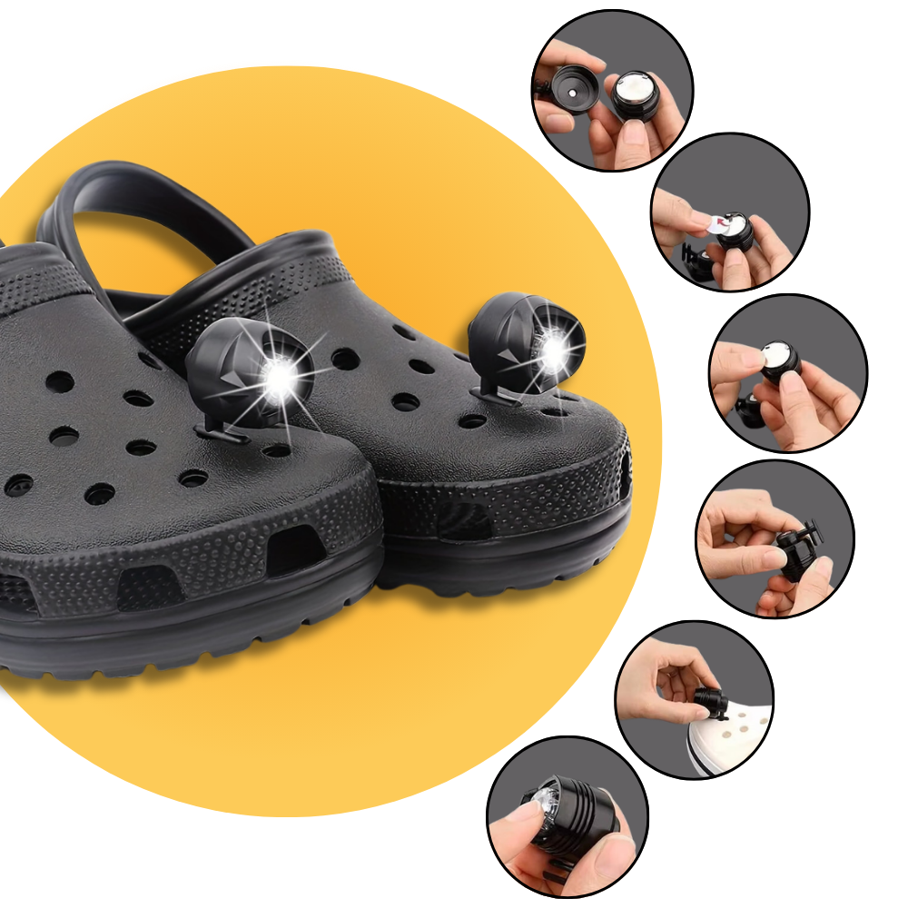Luz à prova d'água e mãos livres da Wisdom para Crocs, acessório prático e fácil de usar em calçados.