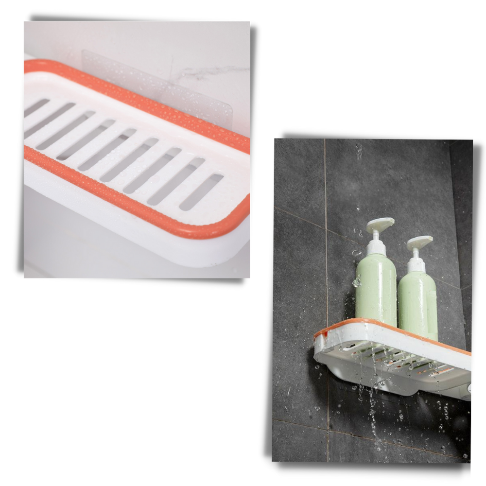 Suporte de armazenamento mural Hardlegix para banheiro, com acabamento laranja e branco, ideal para acessórios de banheiro.