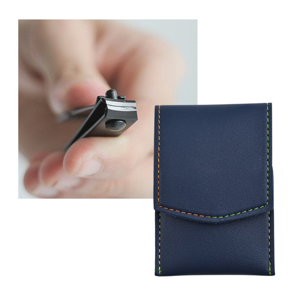 Conjunto de manicure da Haribason com estuche marrom, incluindo cortadores, lixas e ferramentas para cuidados das unhas.