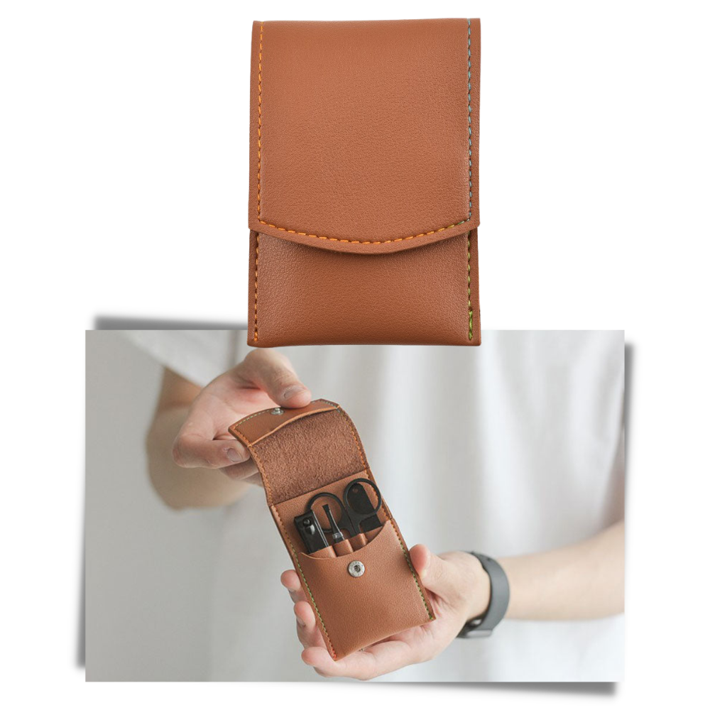 Conjunto de manicure da marca Haribason com estuche marrom, incluindo cortadores, lixas e ferramentas de cuidado para unhas.