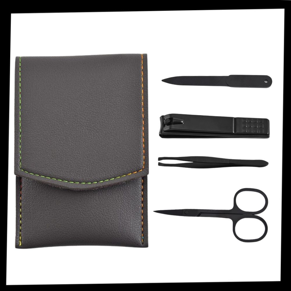 Conjunto de manicure da marca Haribason com estojos marrons, incluindo alicates, lixas e outros instrumentos de cuidados com as unhas.