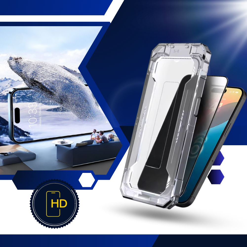 Película de proteção de tela HD com filtro de privacidade da Tvcmall, exibindo uma tela de smartphone com efeito de privacidade.