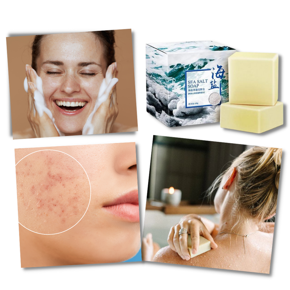 Sabonete anti-acneico da marca Health & Beauty com ingredientes de sal de mar natural, para pele limpa e livre de acne.