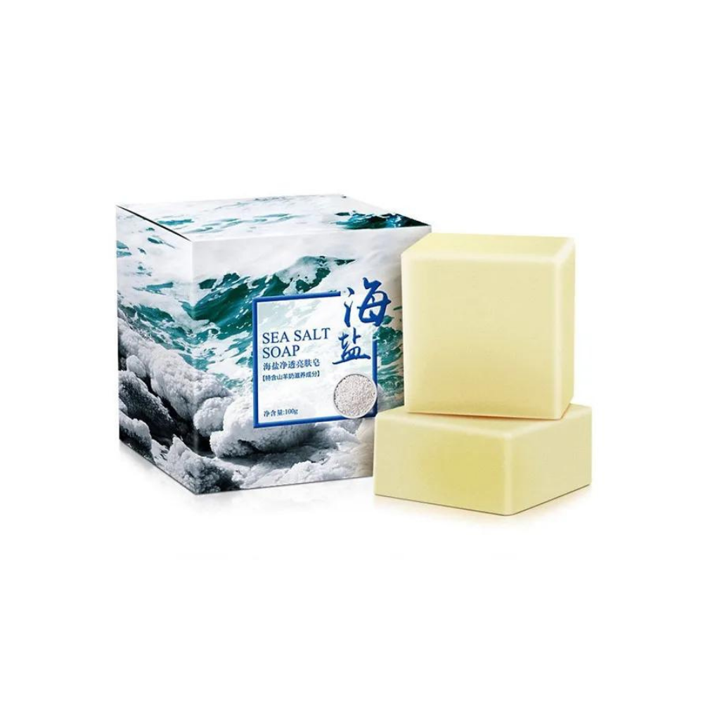 Sabonete antiacne com sal de maré natural da marca Health & Beauty, apresentado em barra de cosméticos.