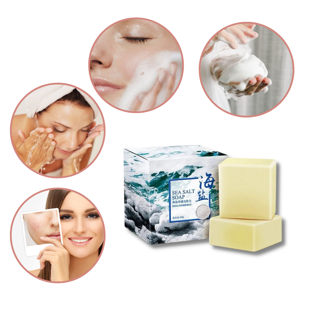 Sabonete antiacne com sal de mar natural da marca Health & Beauty, para limpeza da pele com ingredientes naturais.