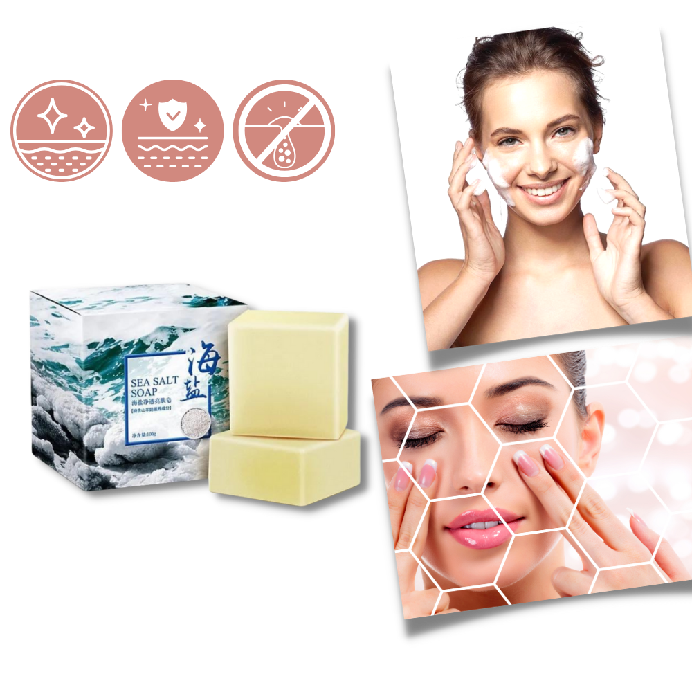 Sabonete antiacne com sal de mar natural da marca Health & Beauty, espuma e textura suave para cuidados faciais.