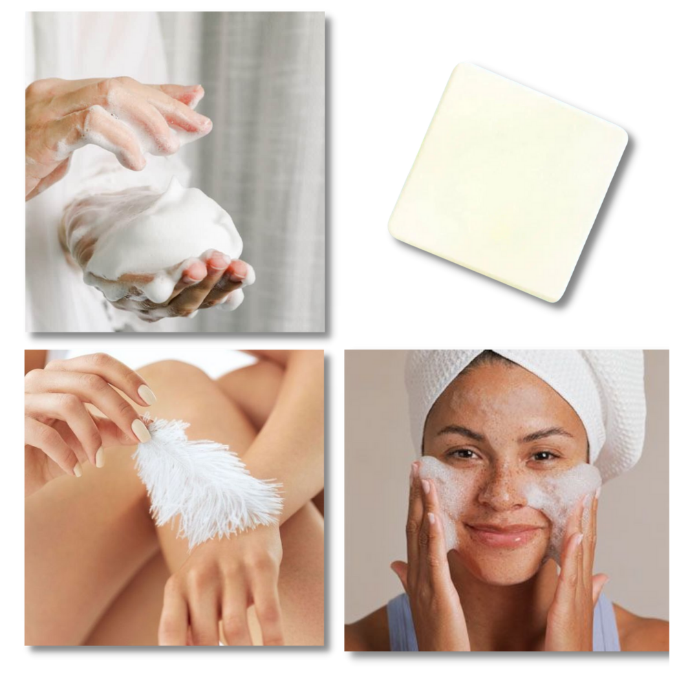 Sabonete anti-acne com sal de maré natural, produto de cosméticos da marca Health & Beauty, com textura e ingredientes visíveis