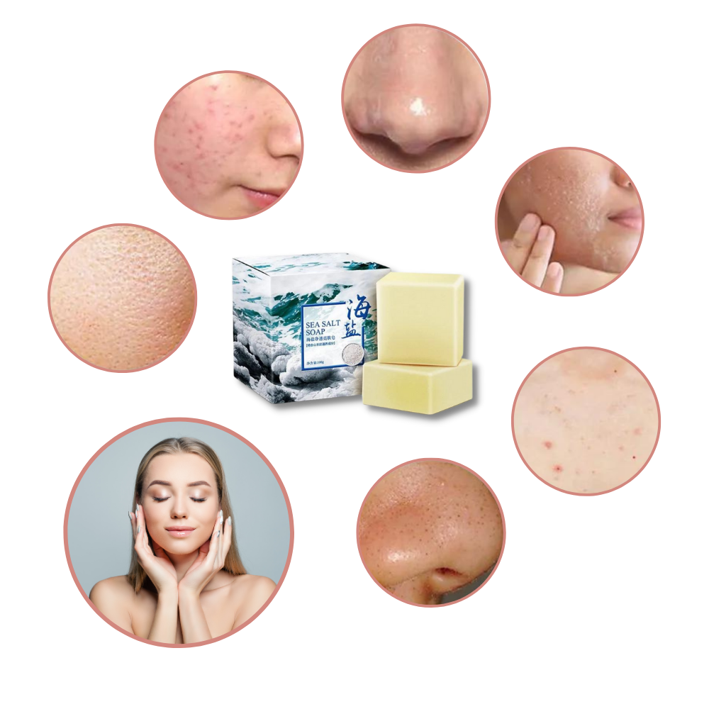 Sabonete antiacne com sal de mar natural da linha de cosméticos Health & Beauty, apresentado em barra.