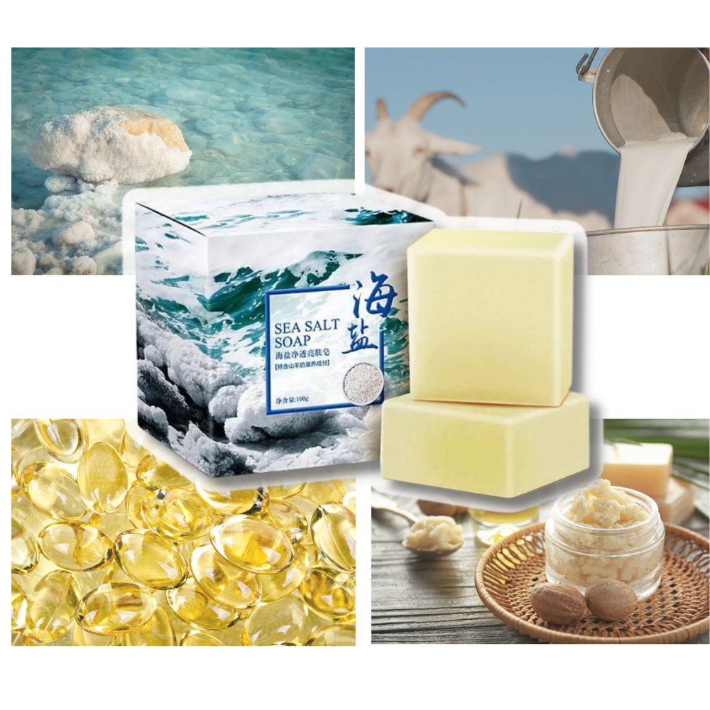 Sabonete anti-acne com sal de mar natural da marca Health & Beauty, apresentado em barra com textura suave.