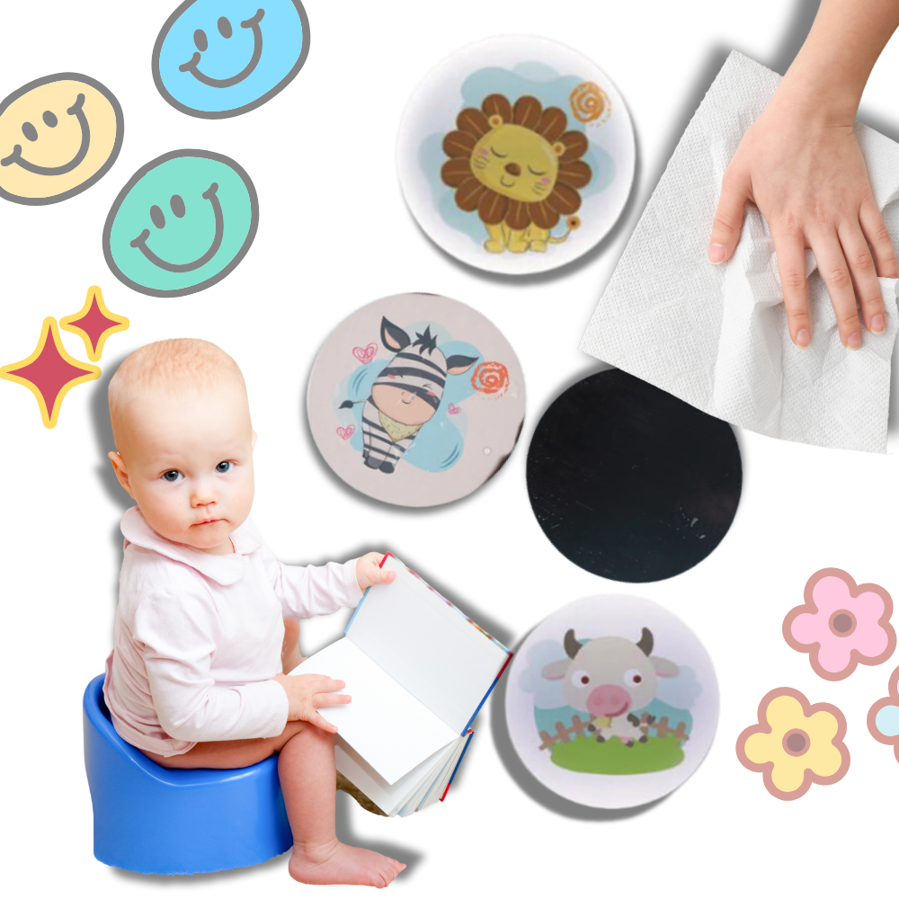 Adesivos termossensíveis para aprendizagem de higiene, da marca Homemaxs, mostrando desenhos que mudam com a temperatura na parede do banheiro.