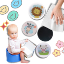 Adesivos termossensíveis para aprendizagem de higiene, da marca Homemaxs, mostrando desenhos que mudam com a temperatura na parede do banheiro.